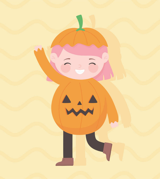 boldog halloween, aranyos kislány sütőtök jelmez karakter trükk vagy csíny, party ünneplés - Vektor, kép