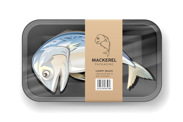 Makrelenfisch, in schwarzer Schaumstoffschale in Kunststoffverpackung mit braunem Etikett, Design auf grauem Hintergrund, Eps 10 Vektorillustration - Vektor, Bild