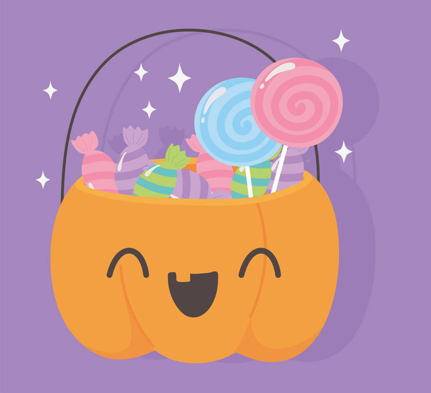 felice Halloween, divertente secchio di zucca con caramelle dolcetto o trattare festa celebrazione - Vettoriali, immagini