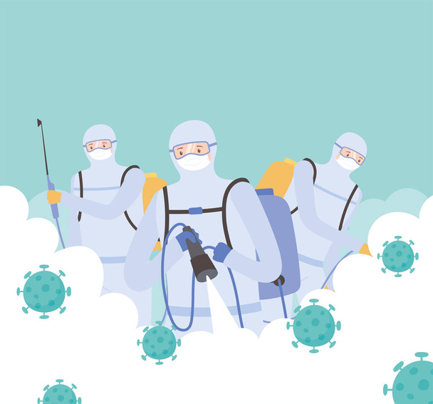 desinfección por virus, hombres en traje protector rociando desinfectante a la limpieza, covid 19 coronavirus, medida preventiva - Vector, Imagen