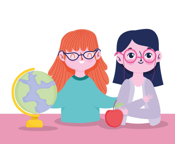 happy teachers day, teacher characters school map and apple - Vector, Image