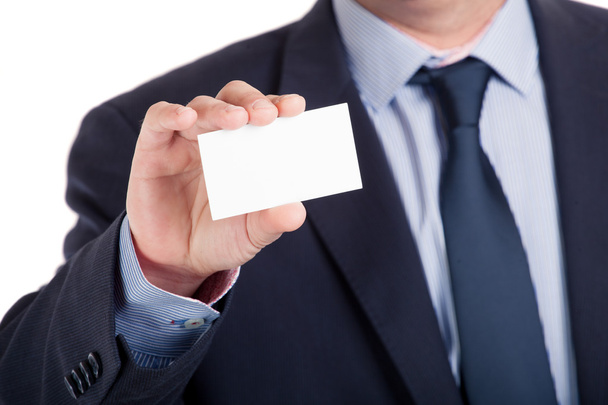 επιχειρηματίας δείχνει επαγγελματική κάρτα, ρηχή τμήμα τομέα, απομονωμένη - Φωτογραφία, εικόνα