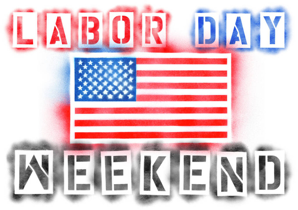 Americká vlajka USA a svátek práce Víkendový text v červených, bílých a modrých stříkacích vzorcích izolovaných na bílém - Fotografie, Obrázek