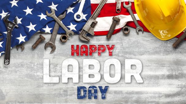 US American flag with work tools on worn white wooden background. For USA Labor day celebration. With Happy Labor Day text. - Photo, Image