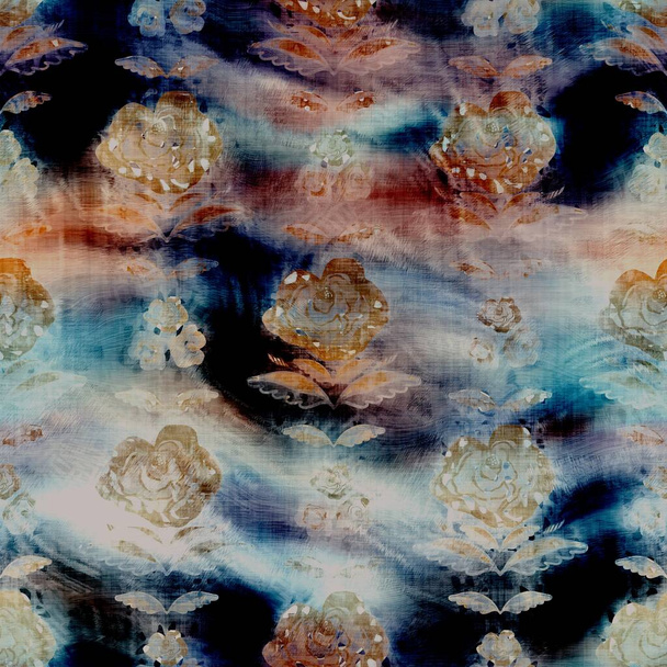Blurry watercolor glitch artistic damask texture background. Irregular bleeding tie dye seamless pattern. Ombre distorted boho batik all over print. Variegated ornate moody dark wet effect. - Photo, Image