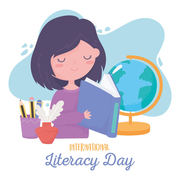 Internationaler Alphabetisierungstag, Mädchen lesen Buch, Schulkarte Bleistifte in Tasse - Vektor, Bild