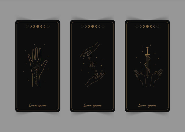 魔法のタロットカード。逆側だ。魔法と密教。神秘的なシンボル、結晶やラインアートスターとブースタイルのタロットベクトルイラスト。タロットリーダーのための魔女の概念. - ベクター画像