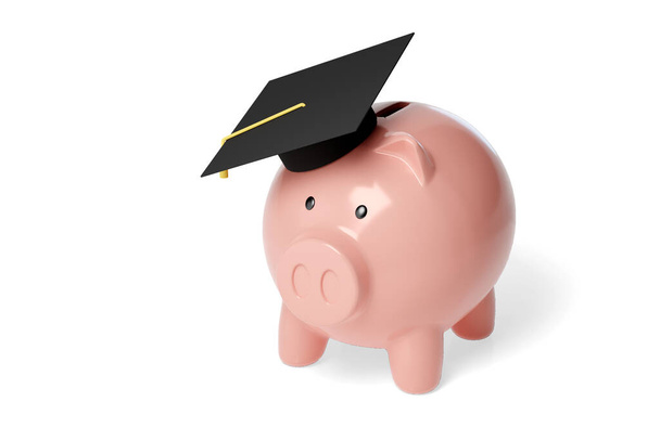 Piggy bank with graduation cap isolated on a white background. Savings concept. 3d illustration. - Photo, Image