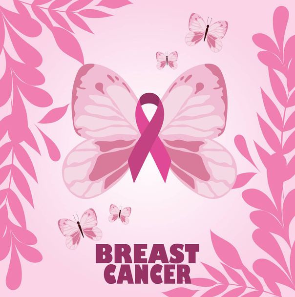 μήνας ευαισθητοποίησης του καρκίνου του μαστού πεταλούδες αφήνει κορδέλα ροζ διάνυσμα - Διάνυσμα, εικόνα