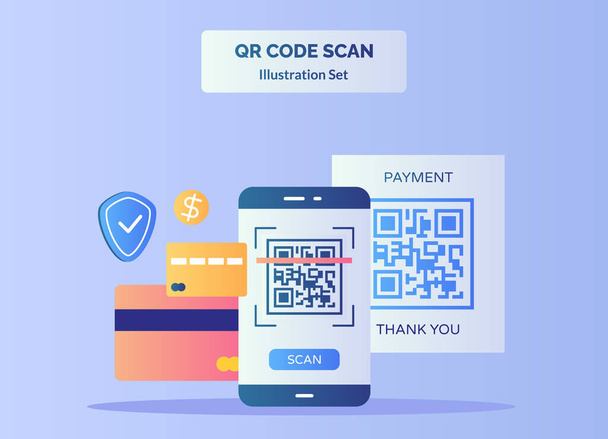 Εικονογράφηση QR κώδικα σάρωσης που barcode στην οθόνη smartphone οθόνη για την πληρωμή φόντο της πιστωτικής κάρτας ασπίδα δολάριο με επίπεδη χρώμα στυλ - Διάνυσμα, εικόνα