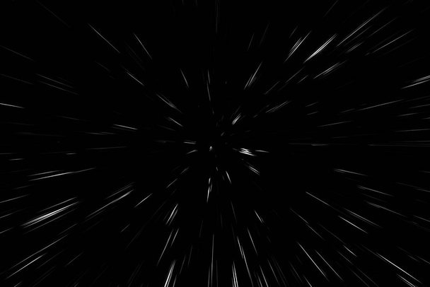 Linee bianche di Bokeh su sfondo nero, astrazione, astratto movimento della luce velocità texture sfocatura, particelle o spazio in viaggio, effetto estrusione in bianco e nero - Foto, immagini