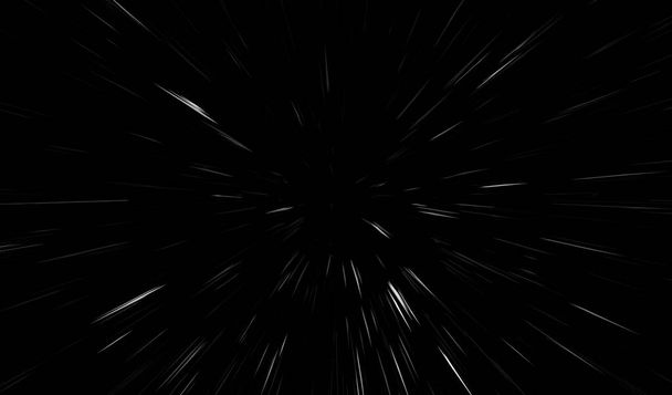 Linee bianche di Bokeh su sfondo nero, astrazione, astratto movimento della luce velocità texture sfocatura, particelle o spazio in viaggio, effetto estrusione in bianco e nero - Foto, immagini