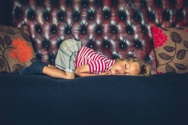A little preschooler boy is sleeping on a sofa at home - Fotografie, Obrázek