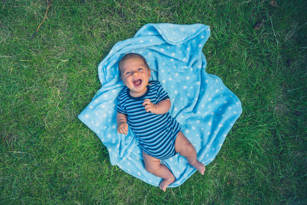 A little baby is lying on a blanket on the lawn in summer - Foto, Imagem