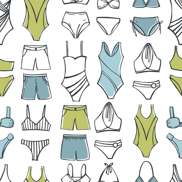 Hand drawn swimming suits set.  Swimwear fashion. Vector  seamless pattern.  - Vector, Image