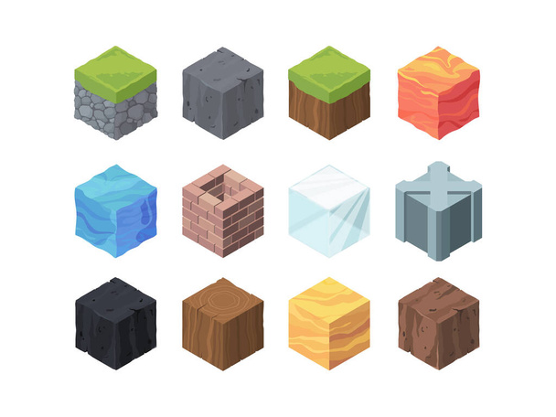 Landscape cubes isometric game set. Formations color wood and coal fractal made of ice metal grassy landscape with rocky soil lava water relief 3D geological block made clay. Vector cartoon. - Вектор,изображение