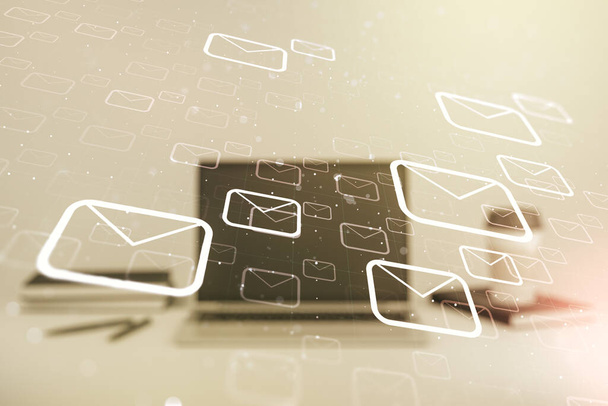 Double exposure of postal envelopes hologram on laptop background. Electronic mail and spam concept - Fotó, kép