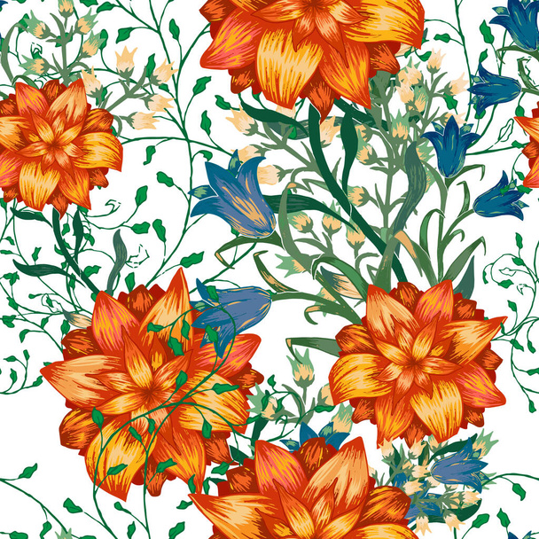 Floral Seamless Pattern with Big Flowers. Ornament with Aster, Bluebell and May-lily for Skirt Wallpaper Blouse. Colorful Rapport. Vector Seamless Flowers. Modern Pattern. - Vetor, Imagem