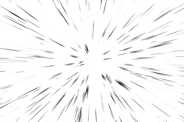 Bokeh schwarze Linien auf weißem Hintergrund, Abstraktion, abstrakte Lichtgeschwindigkeit verschwimmen Textur, Sternpartikel oder Raumfahrt, Schwarz-Weiß-Extrusionseffekt - Foto, Bild