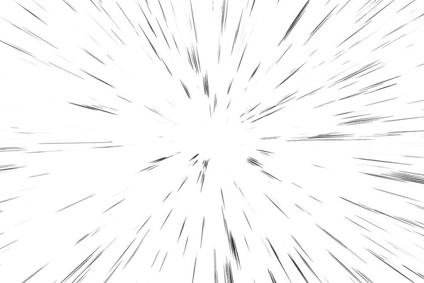 Líneas negras de Bokeh sobre fondo blanco, abstracción, movimiento de luz de velocidad abstracta textura borrosa, partícula estrella o viaje espacial, efecto de extrusión en blanco y negro - Foto, imagen