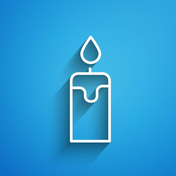 White line Burning candle icon isolated on blue background. Cylindrical candle stick with burning flame. Long shadow. Vector. - Vector, Image