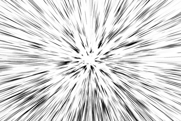 Bokeh zwarte lijnen op witte achtergrond, abstractie, abstracte snelheid licht beweging wazig textuur, ster deeltje of ruimte reizen, zwart-wit extrusie-effect - Foto, afbeelding
