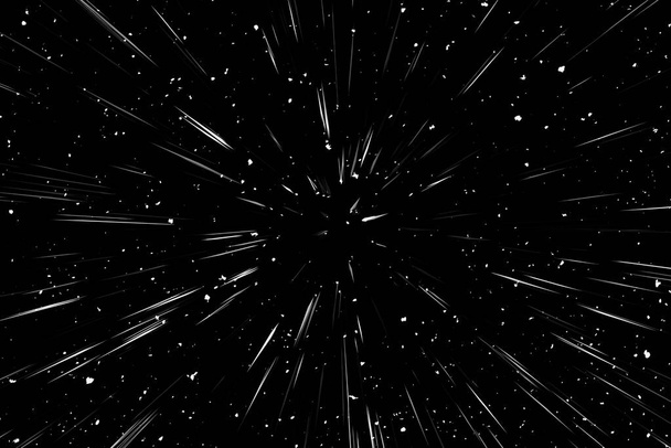 Linee bianche di Bokeh su sfondo nero, astrazione, astratto movimento della luce velocità texture sfocatura, particelle stellari o viaggio nello spazio, effetto estrusione in bianco e nero - Foto, immagini