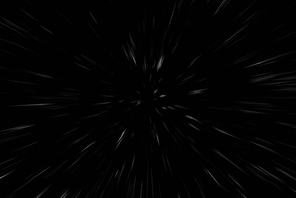 Bokeh witte lijnen op zwarte achtergrond, abstractie, abstracte snelheid licht beweging wazig textuur, ster deeltje of ruimte reizen, zwart-wit extrusie-effect - Foto, afbeelding