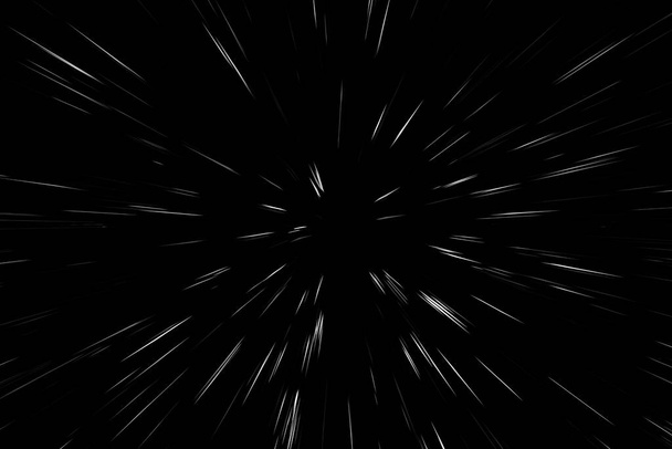 Líneas blancas Bokeh sobre fondo negro, abstracción, movimiento de luz de velocidad abstracta textura borrosa, partícula estrella o viaje espacial, efecto de extrusión en blanco y negro - Foto, Imagen