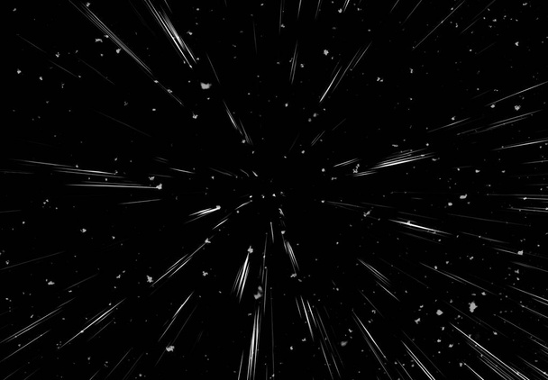 Bokeh weiße Linien und Flecken auf schwarzem Hintergrund, Abstraktion, abstrakte Lichtgeschwindigkeit verschwimmen Textur, Partikel- oder Raumfahrt, Schwarz-Weiß-Extrusionseffekt, Illustration - Foto, Bild