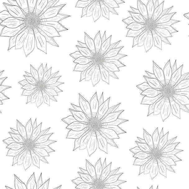 Seamless floral graphics in black and white colors. Outline of flowers on white bright background. Template swatch. Vector illustration. - Vector, Image