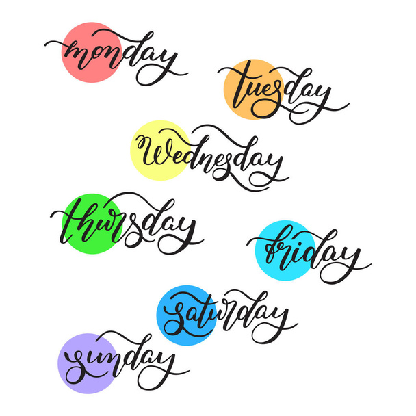 Lettering days of the week - Monday, Tuesday, Wednesday, Thursday, Friday, Saturday, Sunday. Handwritten words for calendar, weekly plan, organizer. - Vector, Image
