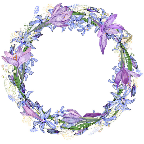 Round frame with pretty lilac crocuses. Festive floral circle for your season design. - Photo, Image