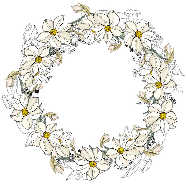 Round frame with pretty daffodils. Festive floral circle for your season design. - Zdjęcie, obraz