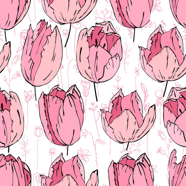 Seamless season pattern with pink tulips. Endless texture for floral summer design with flowers - Φωτογραφία, εικόνα
