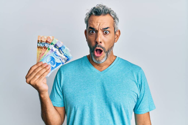 Hombre de pelo gris de mediana edad sosteniendo dólares canadienses asustado y sorprendido con la boca abierta para sorpresa, cara de incredulidad  - Foto, imagen