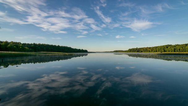 Bulutlar berrak ve sakin göl suyunda, arka planda orman, göl kıyısında yaz sabahı - Fotoğraf, Görsel