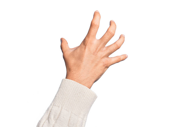Kéz a kaukázusi fiatalember mutató ujjak felett elszigetelt fehér háttér megragadta agresszív és ijesztő ujjaival, erőszak és frusztráció - Fotó, kép