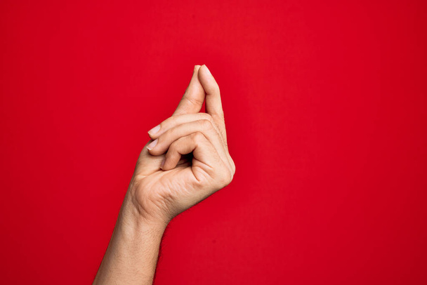 Mano del giovane caucasico che mostra le dita su uno sfondo rosso isolato con spazio vuoto con pollice, affari e pubblicità - Foto, immagini