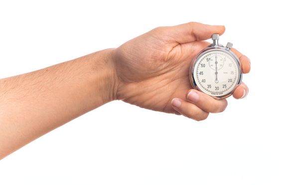 Hand of caucasian young man doing countdown holding stopwatch over isolated white background - Photo, Image