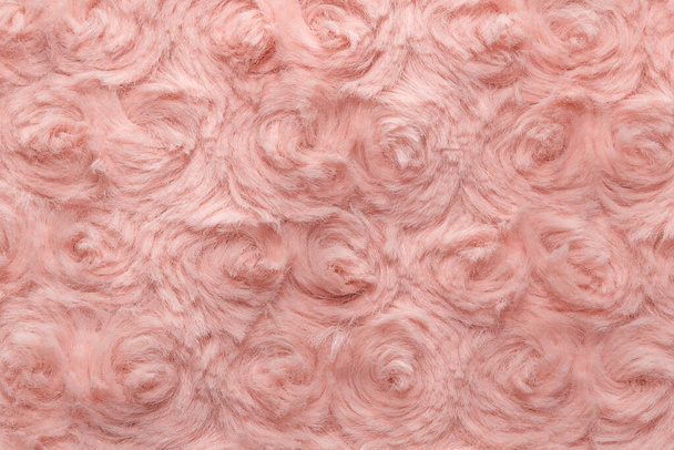 Lana natural rosa con fondo de textura de giros. Lana de algodón, alfombra de lana blanca. Alfombra de piel roja con patrón - Foto, imagen