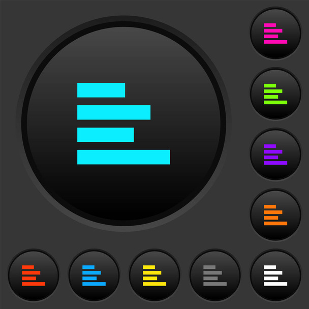 Texto alinear izquierda botones oscuros con iconos de color vivos sobre fondo gris oscuro - Vector, Imagen