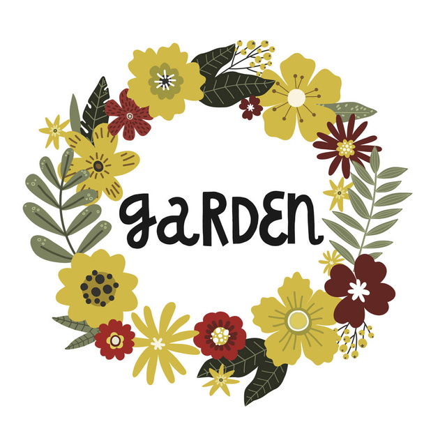 flowers wreath, lettering garden, vector hand drawing greeting card template - Vector, Imagen