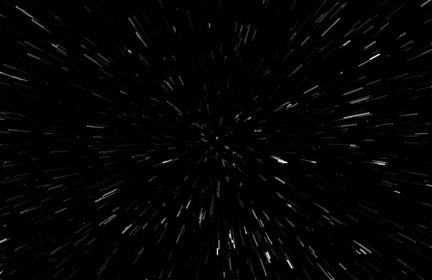 Bokeh weiße Linien auf schwarzem Hintergrund, Abstraktion, abstrakte Lichtgeschwindigkeit verschwimmen Textur, Partikel- oder Raumfahrt, Schwarz-Weiß-Extrusionseffekt - Foto, Bild
