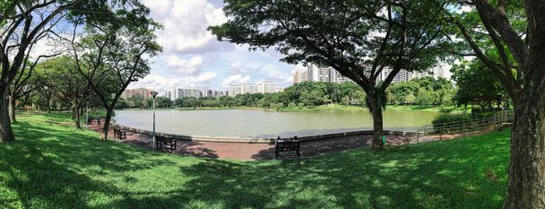 Vista panorâmica dos Apartamentos de Habitação Pública de Singapura no Distrito de Punggol, Singapura. Conselho de Desenvolvimento de Habitação (HDB), Vista do parque com campo de grama verde e lago - Foto, Imagem