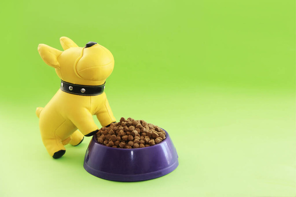 nourriture sèche pour animaux et jouet jaune pour chien - Photo, image