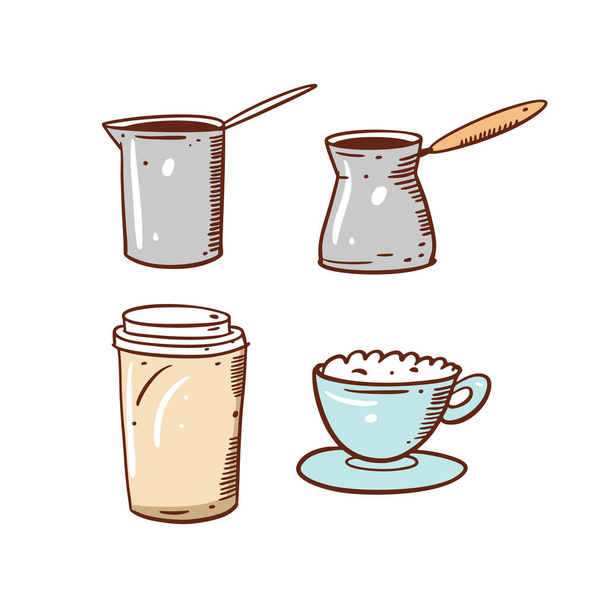 Cafetière, tasse en papier et tasse bleue. Croquis dessiné à la main. Style line art. Illustration vectorielle. - Vecteur, image