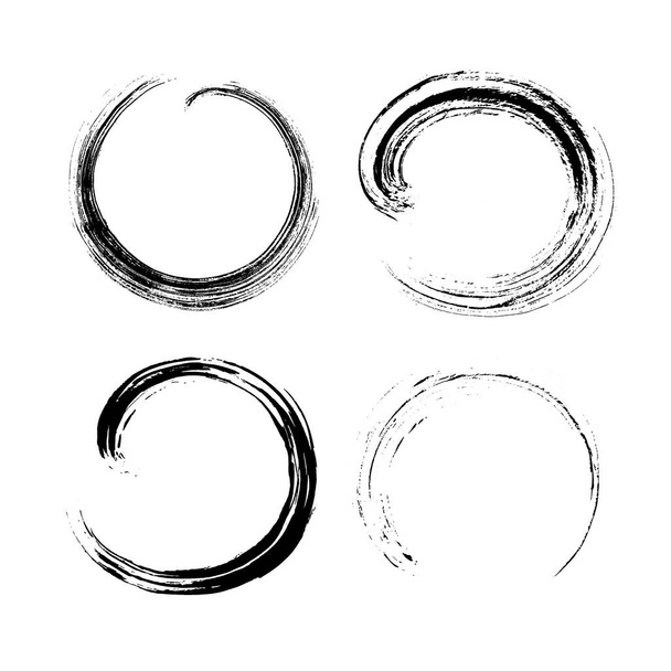 Set of round Ink stroke. Shape, frame, background isolated on white. Grunge splatter dirt, stain, spray, splash with drops blots. Hand-drawn by brush - Vector, Image
