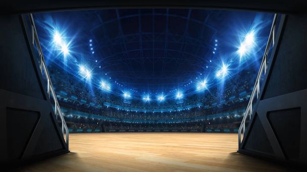 Túnel del estadio que conduce al patio. Entrada de jugadores a un estadio de baloncesto iluminado lleno de fans. Fondo de ilustración digital 3D para publicidad deportiva. - Foto, Imagen