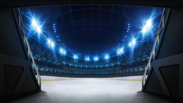 陸上競技場のトンネル遊び場につながる。ファンでいっぱいのイルミネーションアイスホッケースタジアムへのプレイヤーの入り口。スポーツ広告のためのデジタル3Dイラストの背景. - 写真・画像